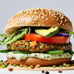 **Vegan Burger Feast:** A vibrant, colorful vegan burger on a sesame seed bun, overflowing with toppings like avocado, sprouts, tomato, and a creamy vegan sauce. Focus on the textures of the burger patty (lentil and walnut mix) and the fresh ingredients.