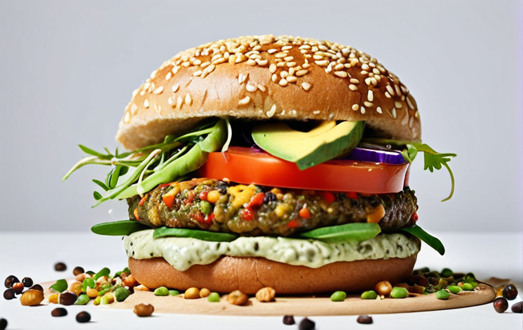 **Vegan Burger Feast:** A vibrant, colorful vegan burger on a sesame seed bun, overflowing with toppings like avocado, sprouts, tomato, and a creamy vegan sauce. Focus on the textures of the burger patty (lentil and walnut mix) and the fresh ingredients.