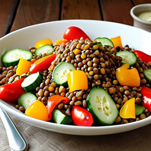 **

"A vibrant and appetizing salad featuring lentils, colorful fresh vegetables (like bell peppers and cucumbers), and a light vinaigrette dressing, presented in a rustic Spanish setting. Emphasize the feeling of freshness and health, capturing the essence of a light, satisfying lunch."

**
