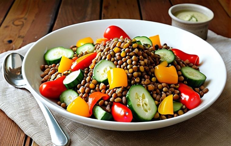 **
"A vibrant and appetizing salad featuring lentils, colorful fresh vegetables (like bell peppers and cucumbers), and a light vinaigrette dressing, presented in a rustic Spanish setting. Emphasize the feeling of freshness and health, capturing the essence of a light, satisfying lunch."
**