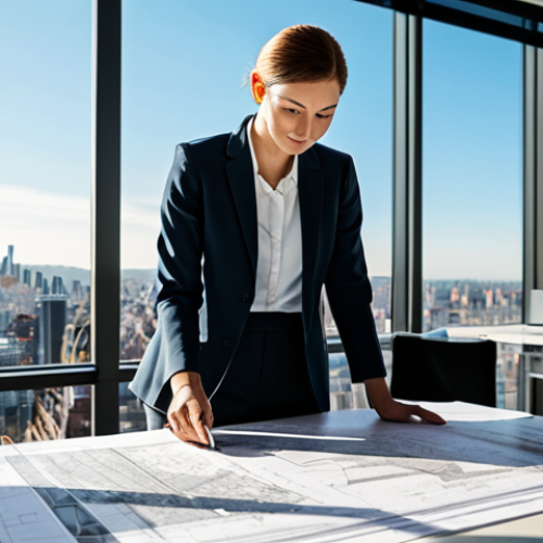 Home 14 **
"A professional architect, fully clothed in a modest blazer and slacks, reviewing blueprints in a sunlit modern office. Large windows overlook a vibrant cityscape. Safe for work, appropriate content, perfect anatomy, well-formed hands, natural pose, professional setting, high resolution, realistic."
**