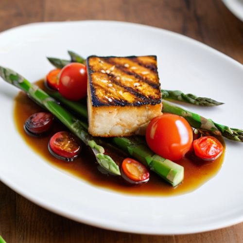 Home 5 대체 단백질 요리법으로 만드는 특별한 저녁식사 - **Gourmet Glazed Tofu/Tempeh Dish:** A close-up, high-angle shot of an exquisitely plated gourmet di...