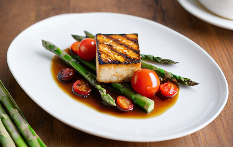 대체 단백질 요리법으로 만드는 특별한 저녁식사 - **Gourmet Glazed Tofu/Tempeh Dish:** A close-up, high-angle shot of an exquisitely plated gourmet di...