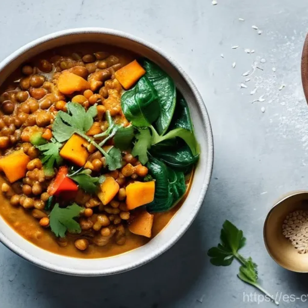 대체 단백질 요리법으로 만드는 간편한 일품 요리 - **A close-up, top-down shot of a vibrant and delicious plant-based meal, showcasing a colorful lenti...