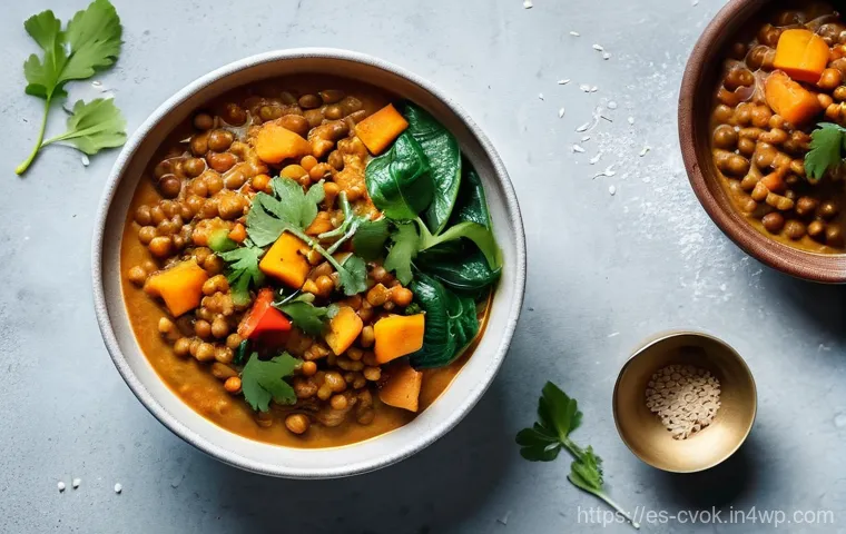 대체 단백질 요리법으로 만드는 간편한 일품 요리 - **A close-up, top-down shot of a vibrant and delicious plant-based meal, showcasing a colorful lenti...