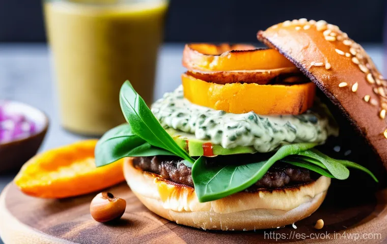 대체 단백질 요리의 트렌드와 전망 - **Prompt:** A vibrant, close-up, high-definition food photograph of a gourmet plant-based burger. Th...