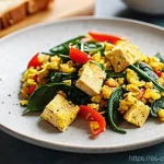 대체 단백질 요리법으로 만드는 아침식사 아이디어 - **Vibrant Tofu Scramble Breakfast:** A brightly lit, close-up shot of a steaming plate of savory tof...