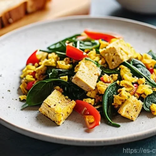 대체 단백질 요리법으로 만드는 아침식사 아이디어 - **Vibrant Tofu Scramble Breakfast:** A brightly lit, close-up shot of a steaming plate of savory tof...