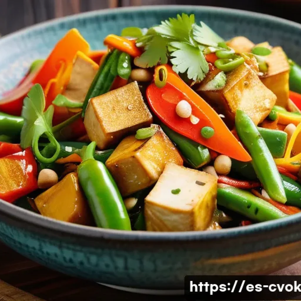 대체 단백질 요리법으로 만드는 퓨전 요리 - A vibrant Thai-style vegetable stir-fry featuring firm tofu marinated in soy sauce, fresh ginger sli...
