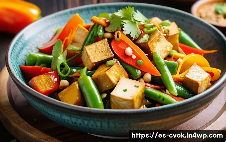 대체 단백질 요리법으로 만드는 퓨전 요리 - A vibrant Thai-style vegetable stir-fry featuring firm tofu marinated in soy sauce, fresh ginger sli...