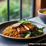 대체 단백질 요리의 다양한 활용법 - A vibrant, rustic kitchen scene featuring a variety of plant-based protein dishes inspired by Spanis...