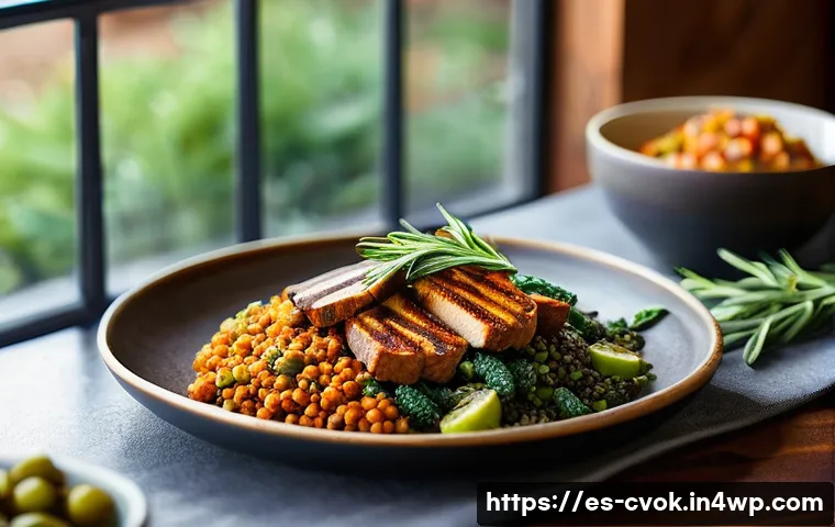 대체 단백질 요리의 다양한 활용법 - A vibrant, rustic kitchen scene featuring a variety of plant-based protein dishes inspired by Spanis...