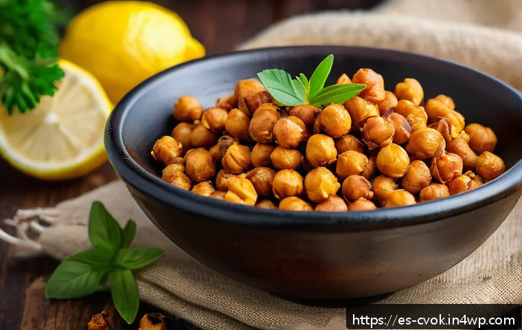 대체 단백질을 활용한 다양한 건강 스낵 - A vibrant and colorful close-up of a rustic wooden bowl filled with crunchy roasted chickpeas season...