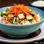 대체 단백질 요리법으로 만드는 김치 볶음밥 - A vibrant close-up shot of a colorful kimchi fried rice bowl featuring firm tofu cubes marinated in ...