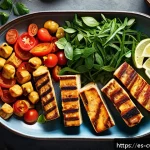 대체 단백질 요리법으로 만드는 다양한 원형 요리 - A vibrant, colorful kitchen scene featuring a diverse spread of plant-based protein dishes such as c...