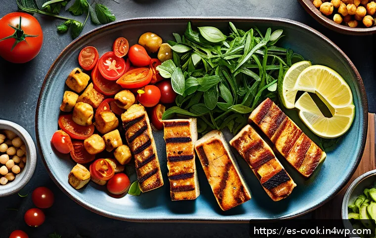 대체 단백질 요리법으로 만드는 다양한 원형 요리 - A vibrant, colorful kitchen scene featuring a diverse spread of plant-based protein dishes such as c...