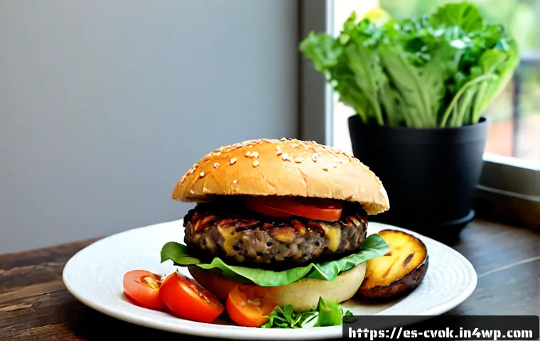 대체 단백질을 활용한 다양한 수제버거 레시피 - Photorealistic gourmet plant-based handmade burger on a rustic ceramic plate, thick grilled lentil a...